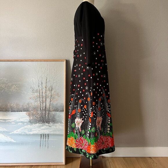 Vintage 60s 70s Mod Black Flower Power Maxi Dress‎ floral retro colorful medium - Picture 2 of 9